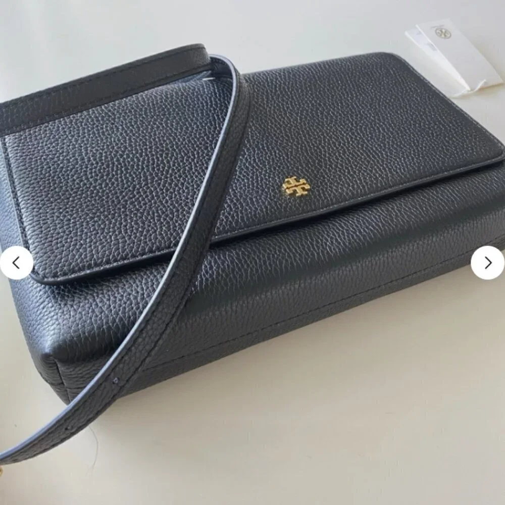 NWT！NEW！Tory Burch Blake Flap Pebbled Leather Crossbody Large Black -Women Bag